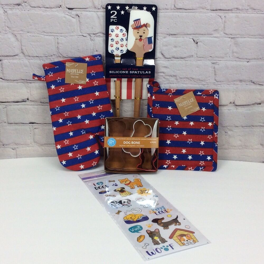 Patriotic Dog Kitchen Set Spatulas/Oven Mitt/Pot Holder/Cookie Cutters/Stickers